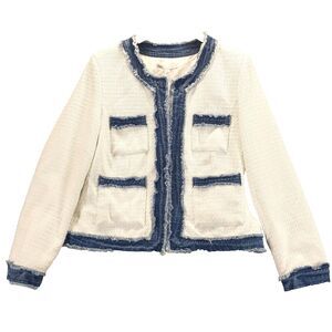 Cato Womens Size L White Tweed Jacket Frayed Blue Denim Open Front Pockets NWT
